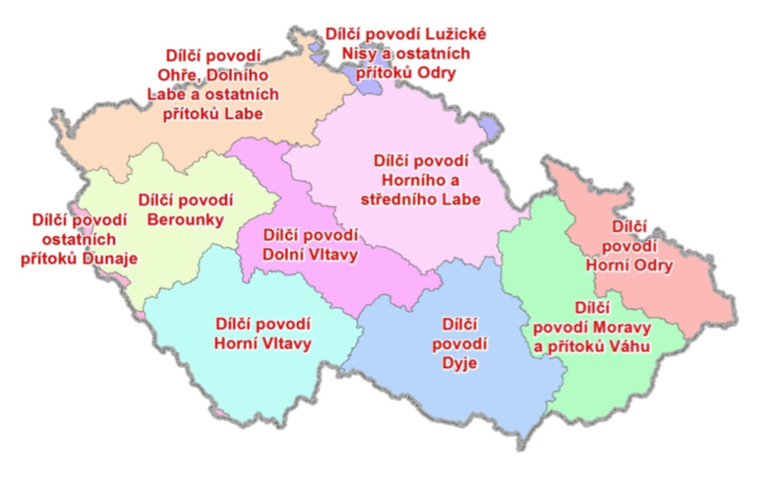 Obr. I.1.1 – Vymezení dílčích povodí v ČR