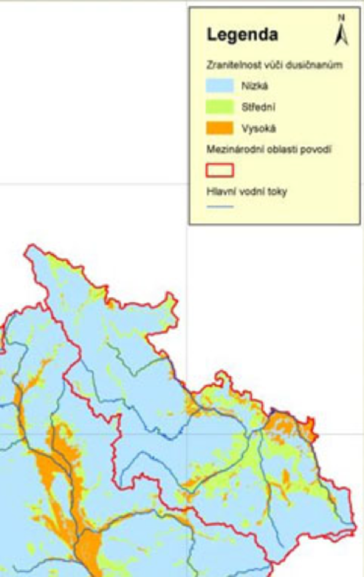 Obr. I.2.1 Mapa obecné zranitelnosti horninového prostředí v dílčím povodí Horní Odry vůči dusičnanům
