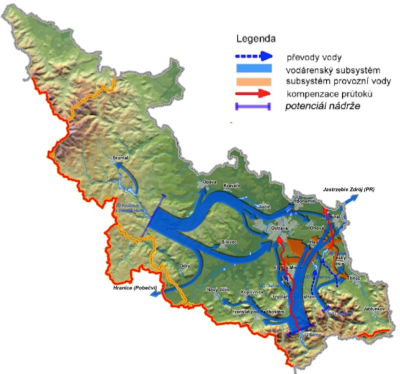 Obr. V.4.4c – Schéma zásobování vodou z povrchových zdrojů vodohospodářské soustavy dílčího povodí Horní Odry