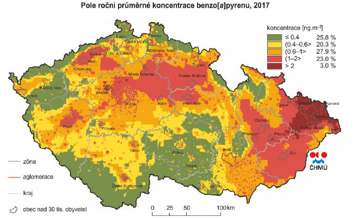 Obr. III.3.1 – Pole roční průměrné koncentrace benzo[a]pyrenu (ČHMÚ, 2017)