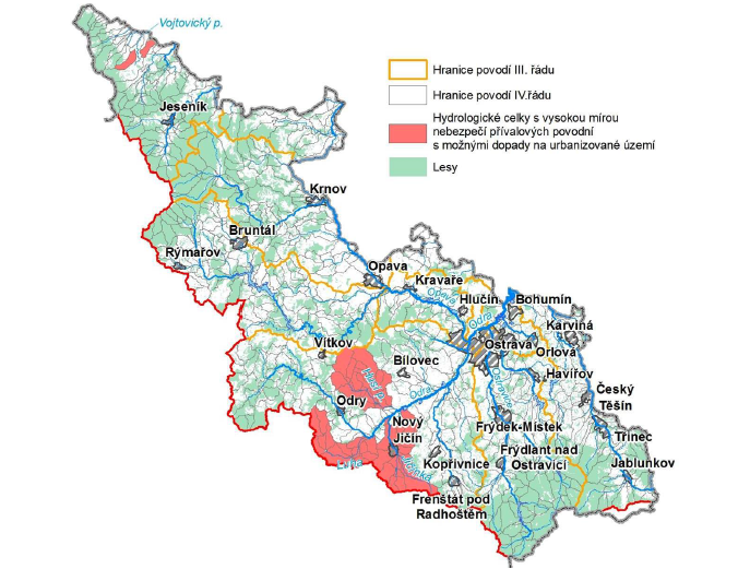 Obr. V.1.6 - Hydrologické celky s vysokou mírou nebezpečí přívalových povodní s možnými dopady na urbanizovaná území v dílčím povodí Horní Odry